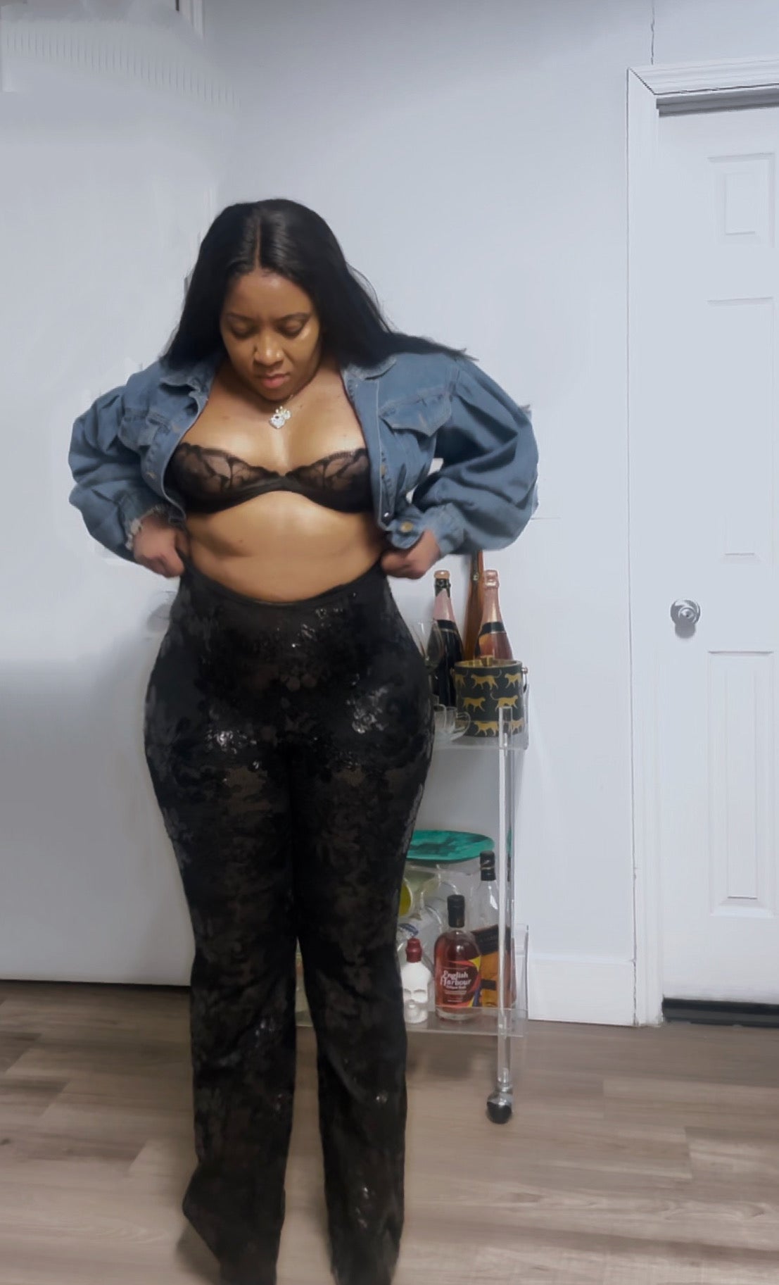 Sasha Black Lace & Sequin Bell Bottom Pants