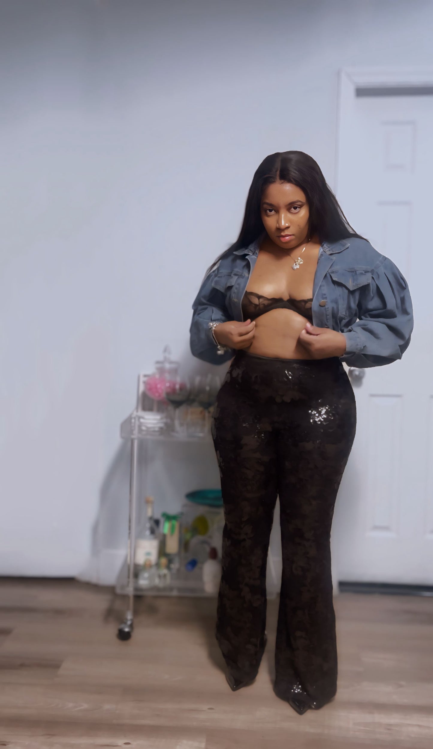 Sasha Black Lace & Sequin Bell Bottom Pants