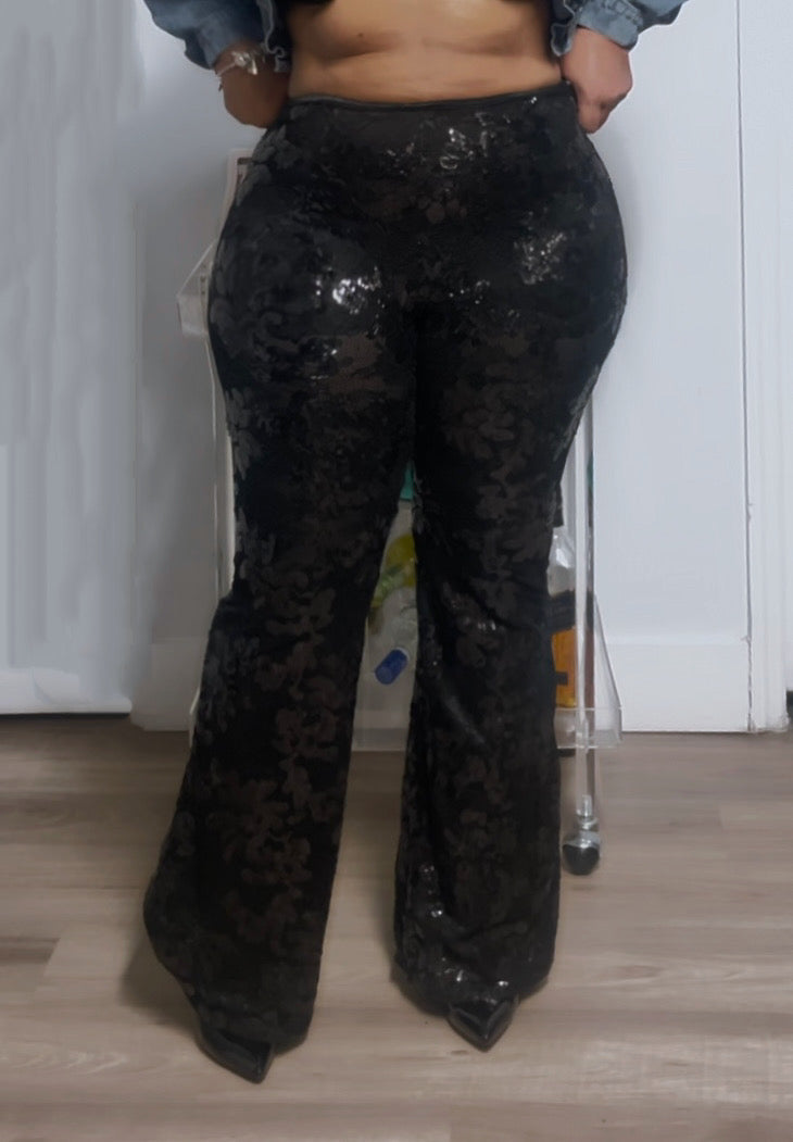 Sasha Black Lace & Sequin Bell Bottom Pants
