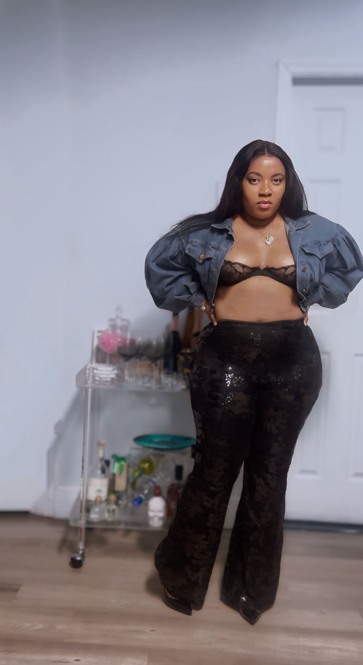 Sasha Black Lace & Sequin Bell Bottom Pants
