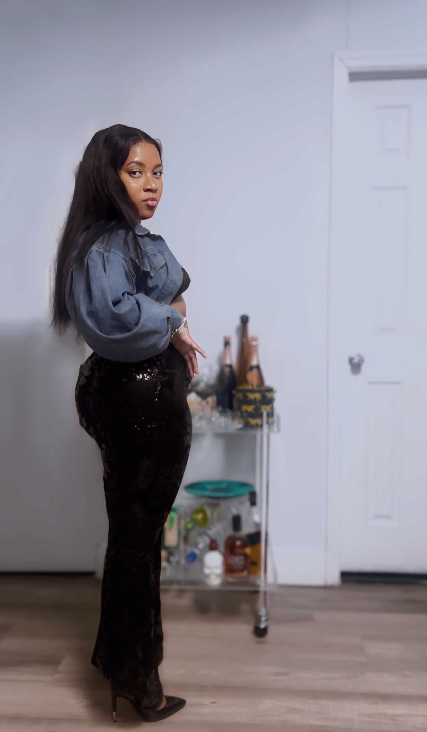 Sasha Black Lace & Sequin Bell Bottom Pants