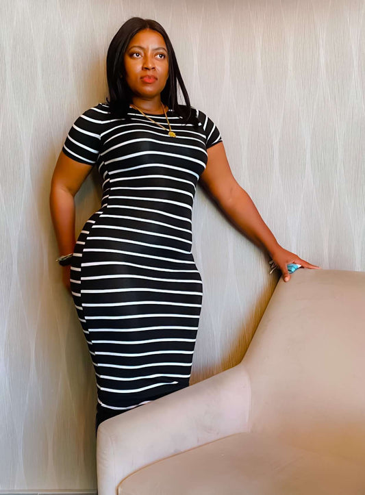 Black & White Striped Midi Bodycon Dress